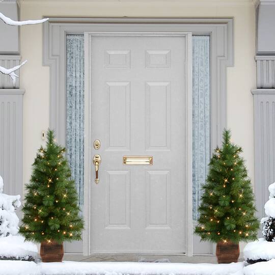 3.5ft. Pre-Lit Battery-Operated Potted Wyoming Pine Artificial Christmas Trees, Warm White LED Lights, 2ct.